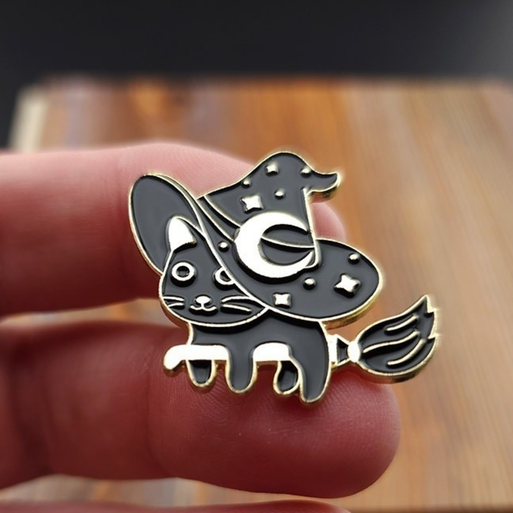Witchy Kitty Pin, riding‎ a broom, cat enamel pin